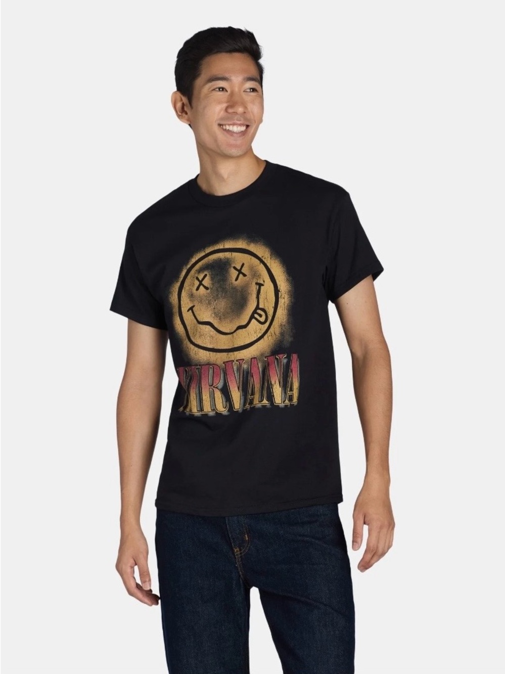 NIRVANA Black Tee with Yellow Smiley and Red Logo